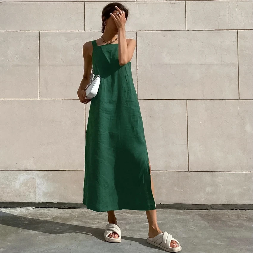 2025 صيف جديد الفرنسية القطن والقنب سترة فستان للنساء عطلة الترفيه الأخضر سبليت حزام فستان طويل لملابس نسائية #2