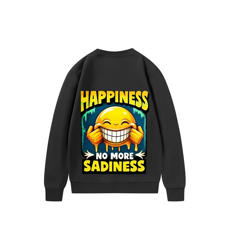 Men's Sweatshirt Black Emoji Face Happiness No More Sadness Print for Casual Wear
