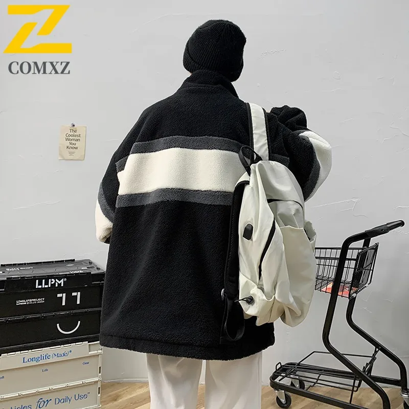 COMXZ 2025 Mens Winter Sherpa Lined Jacket Warm Fleece Coat Fashion Youth Trendy Outerwear tactics lightweight windbreaker