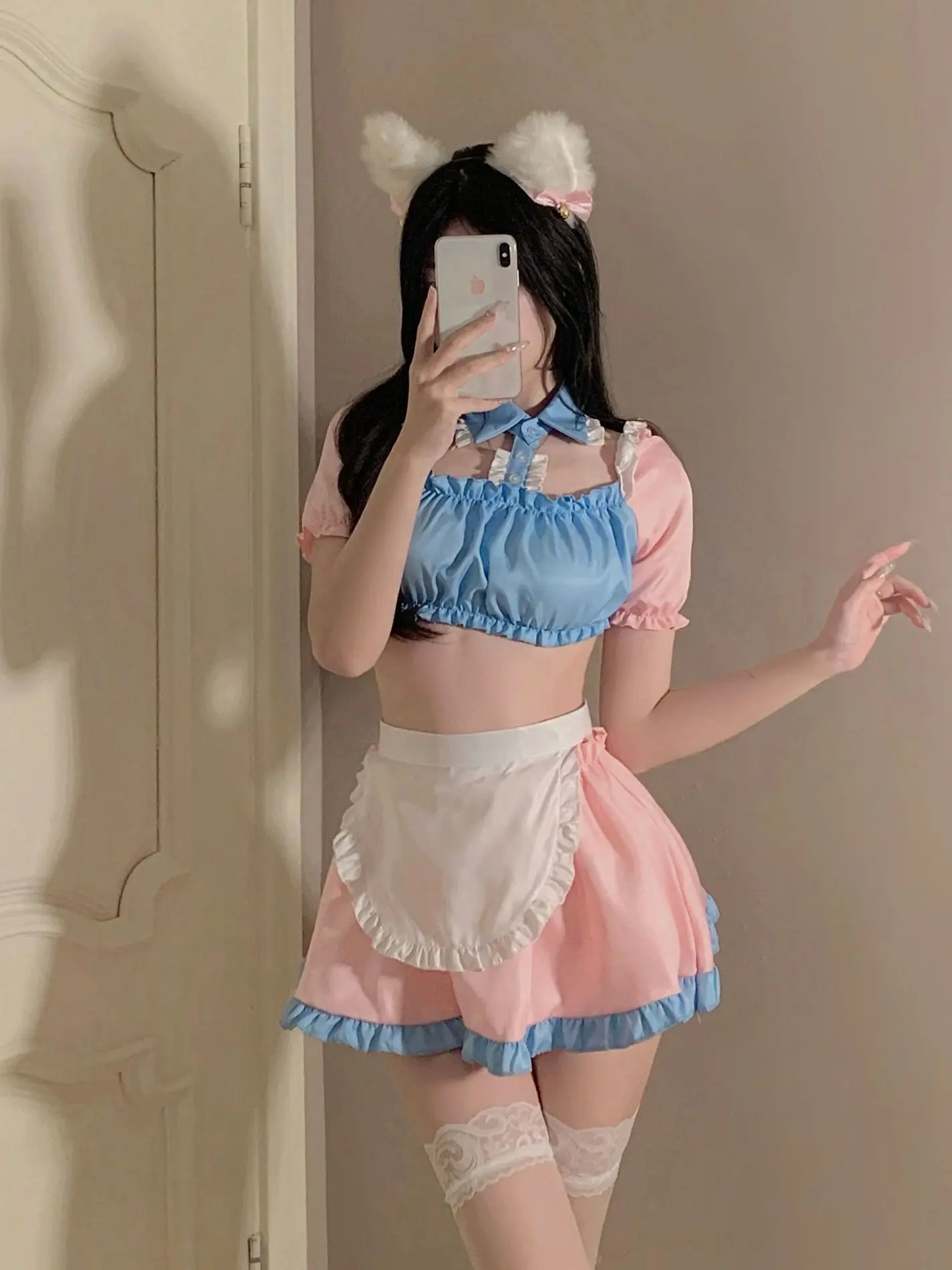 Underwear Sexy Pink Blue Maid Role Playing Pure Desire sets Short sleeved top Blue lace skirt sweet Loose fitting SQTS