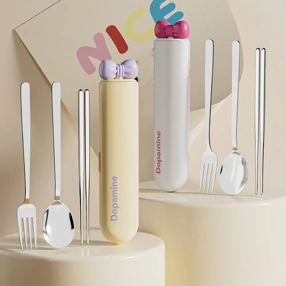 

Magnetic Design Dopamine Travel Cutlery Set Built-in Silent Slot with A Bow Outdoor Dinnerware Suit With Storage Box