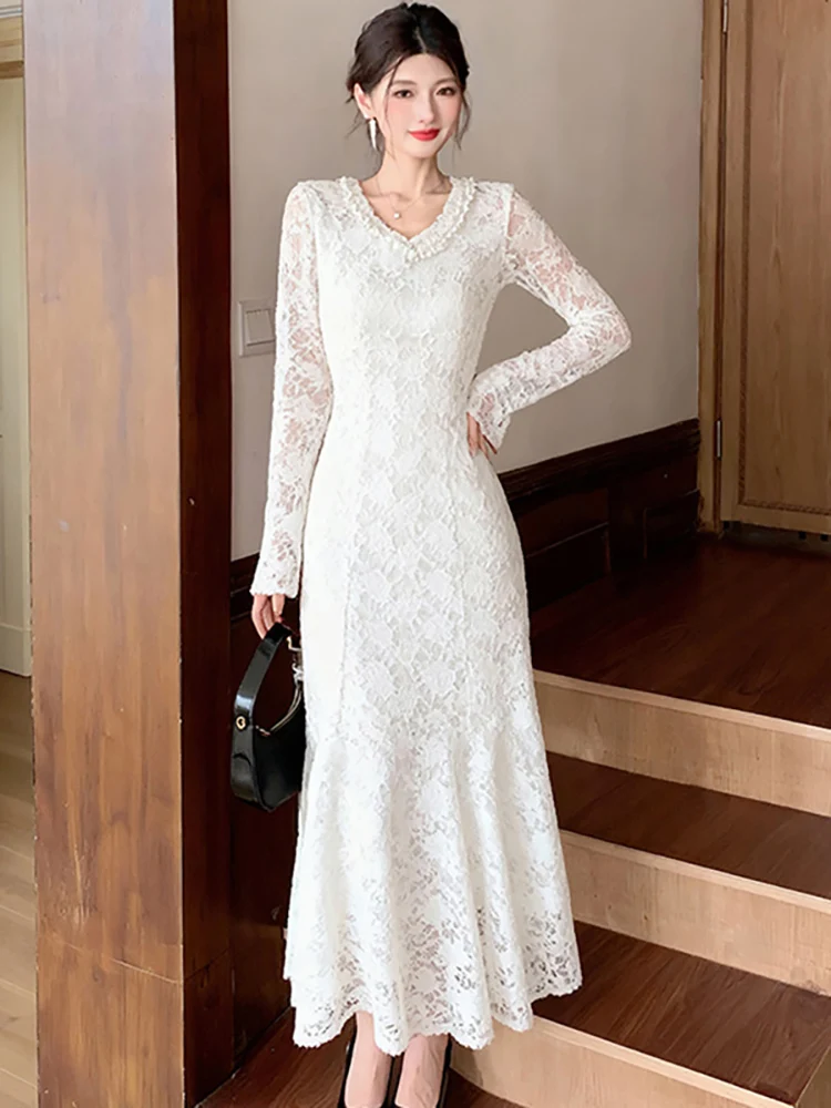 الخريف الشتاء الأبيض الدانتيل هوك زهرة الجوف فستان طويل المرأة كم طويل Bodycon تكدرت فستان 2025 الكورية فستان سهرة فاخر #3