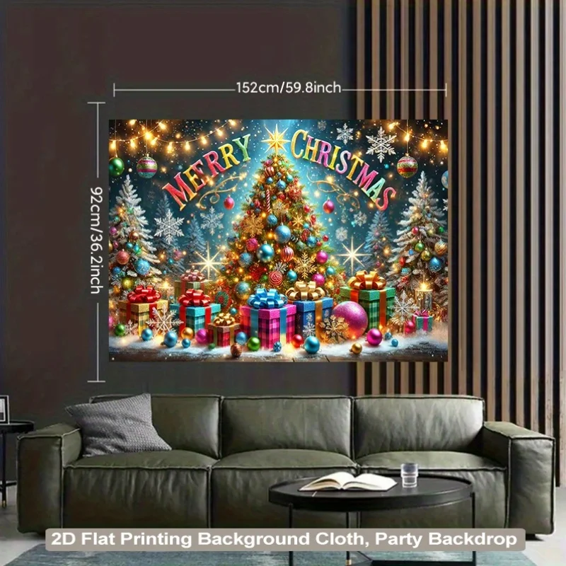 tapestry2D Flat, 1pc Festive Christmas Tree Backdrop with Shiny Gift Boxes - Vibrant Polyester Fabric Wall Hanging for Living
