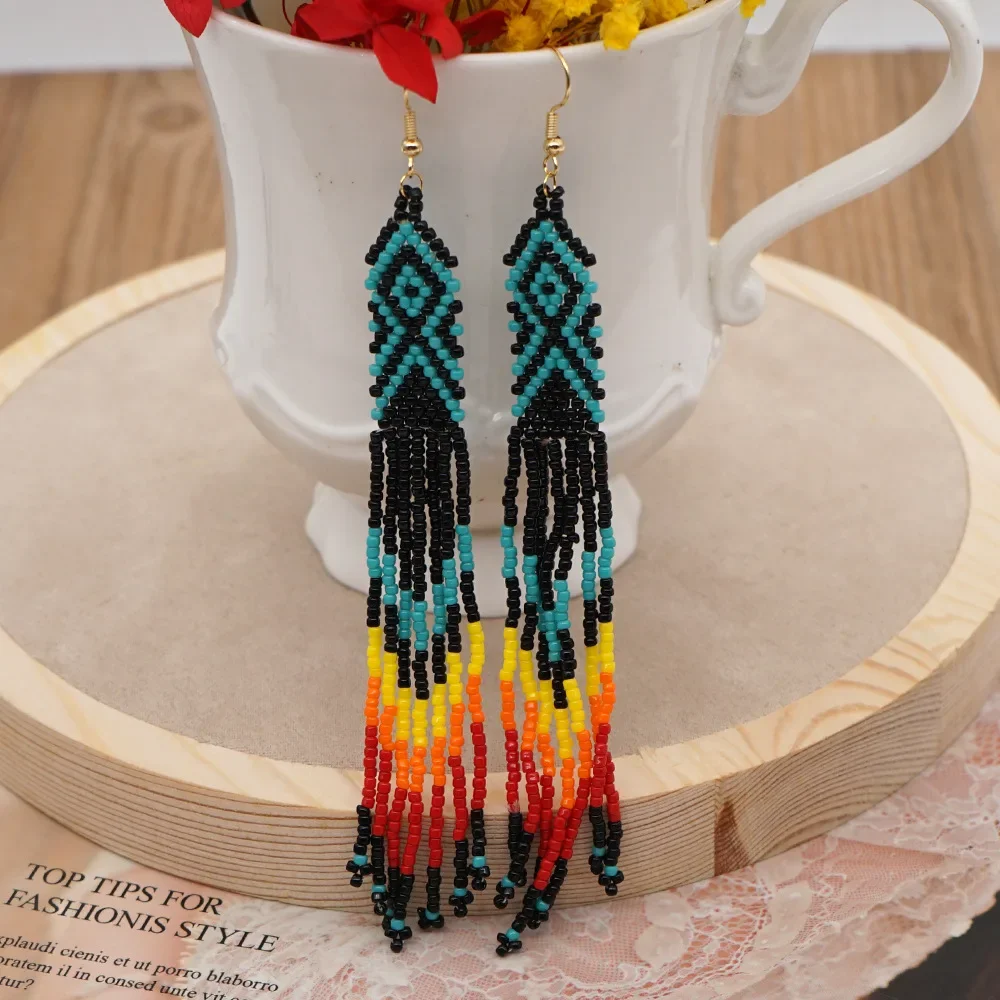 ZGMXR Rice Bead Earrings  Hand knitting  Retro  court  Beading  Simple  Bohemia  geometry  alloy  ma'am  Fringe Earrings