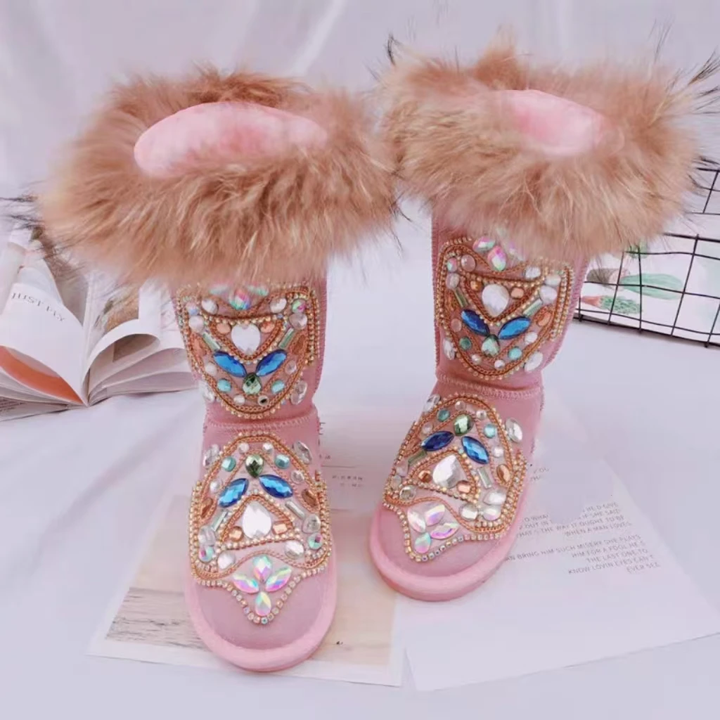 Heavy diamond accessories custom natural fox hair tall tube women's large size fur one snow boots 35-44