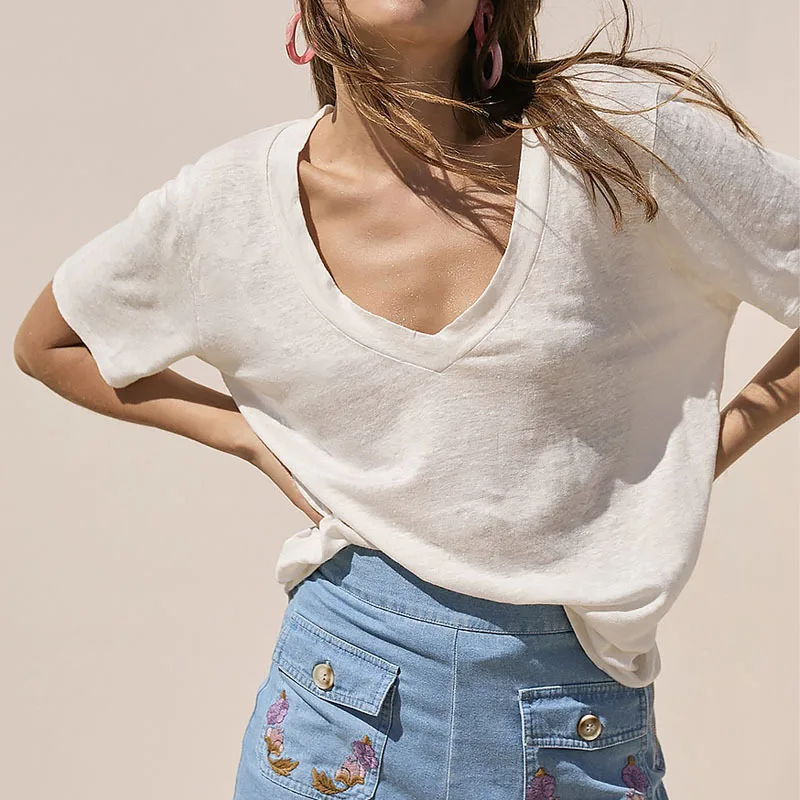

Deep V Neck Design T Shirt Style Top Summer Knitted Linen Bamboo Cotton Short Sleeved Loose Women