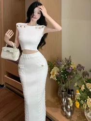 2023 New Knitted Two Piece Set For Women Sexy Crop Top + Bodycon Long Skirt Suits Beach Holiday Summer 2 Piece Sets Women Outfit