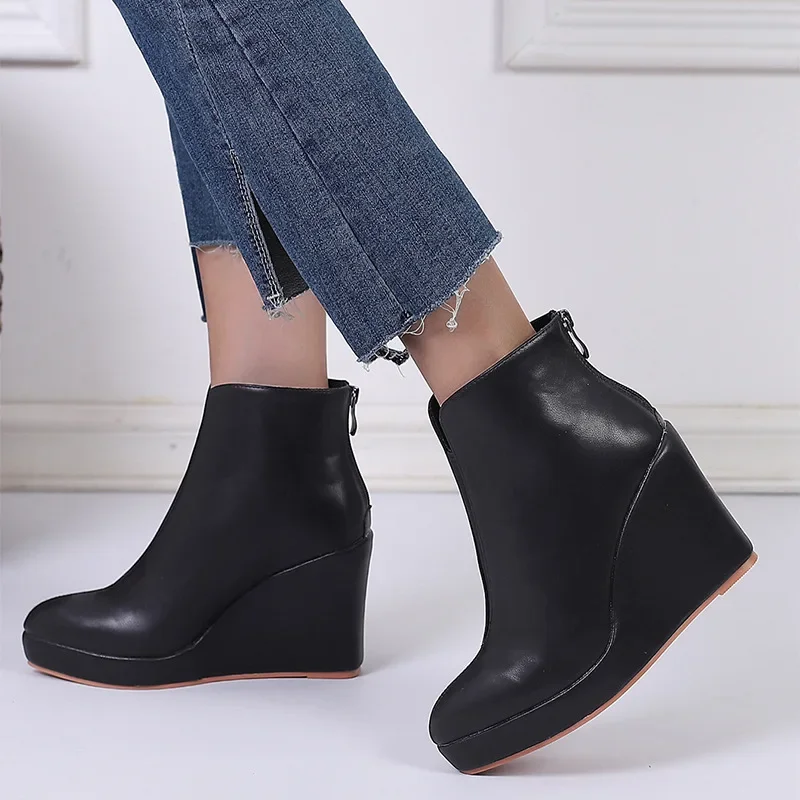 

Fashion Chelsea Boots Women Wedges Heel Platform Casual Zipper Slip on Short Boots
