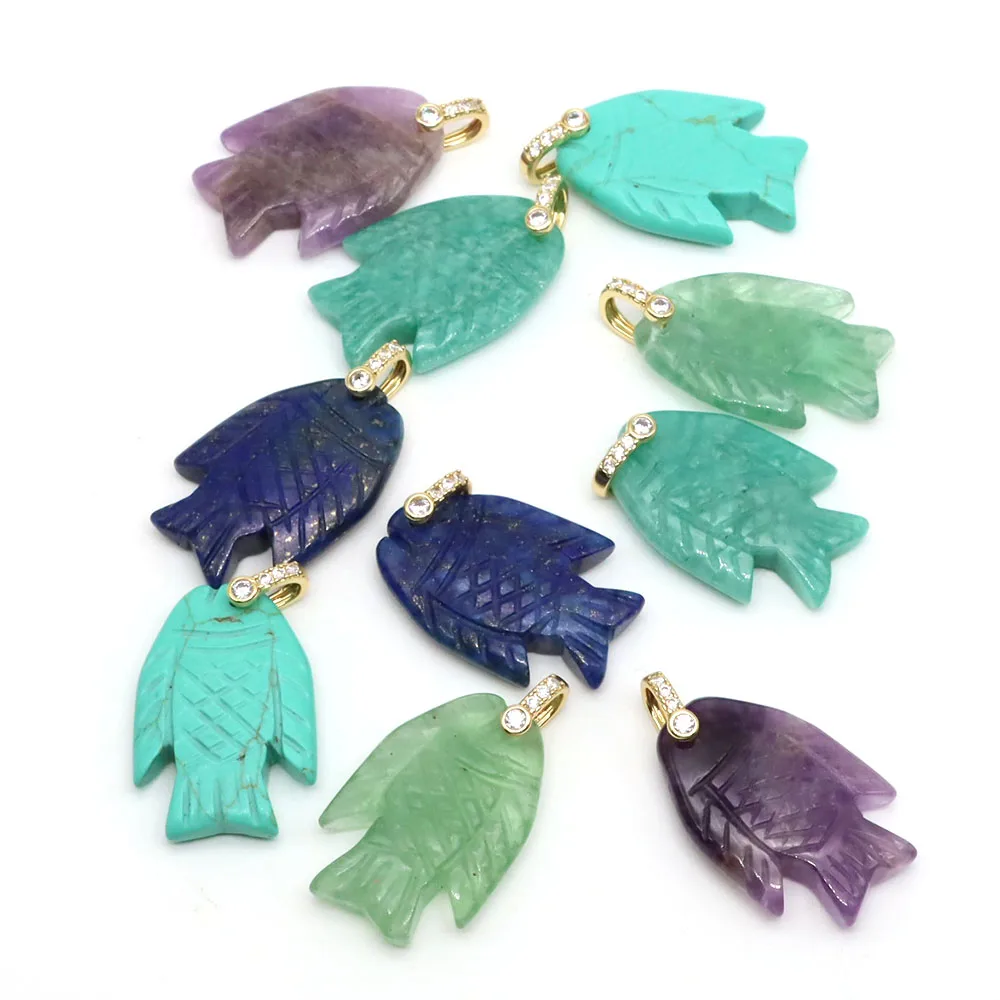 25mm Fish Shape Natural Stone Pendants Amethyst Rose Quartz Crystal Charms For DIY Necklace Bracelet Jewelry Making Accessories