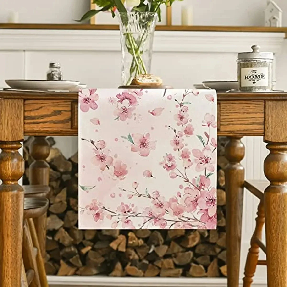 1Pc Floral Style Table Runner Pink And White Cherry Blossom Print Table Cover For Dining Room Kitchen Wedding Party Banquet Deco
