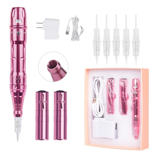 Kit de máquina para maquillaje permanente inalámbrico, pluma Microblading de micropigmentación, Kit de tatuaje de cejas con 2 baterías, 5 uds., aguja de cartucho