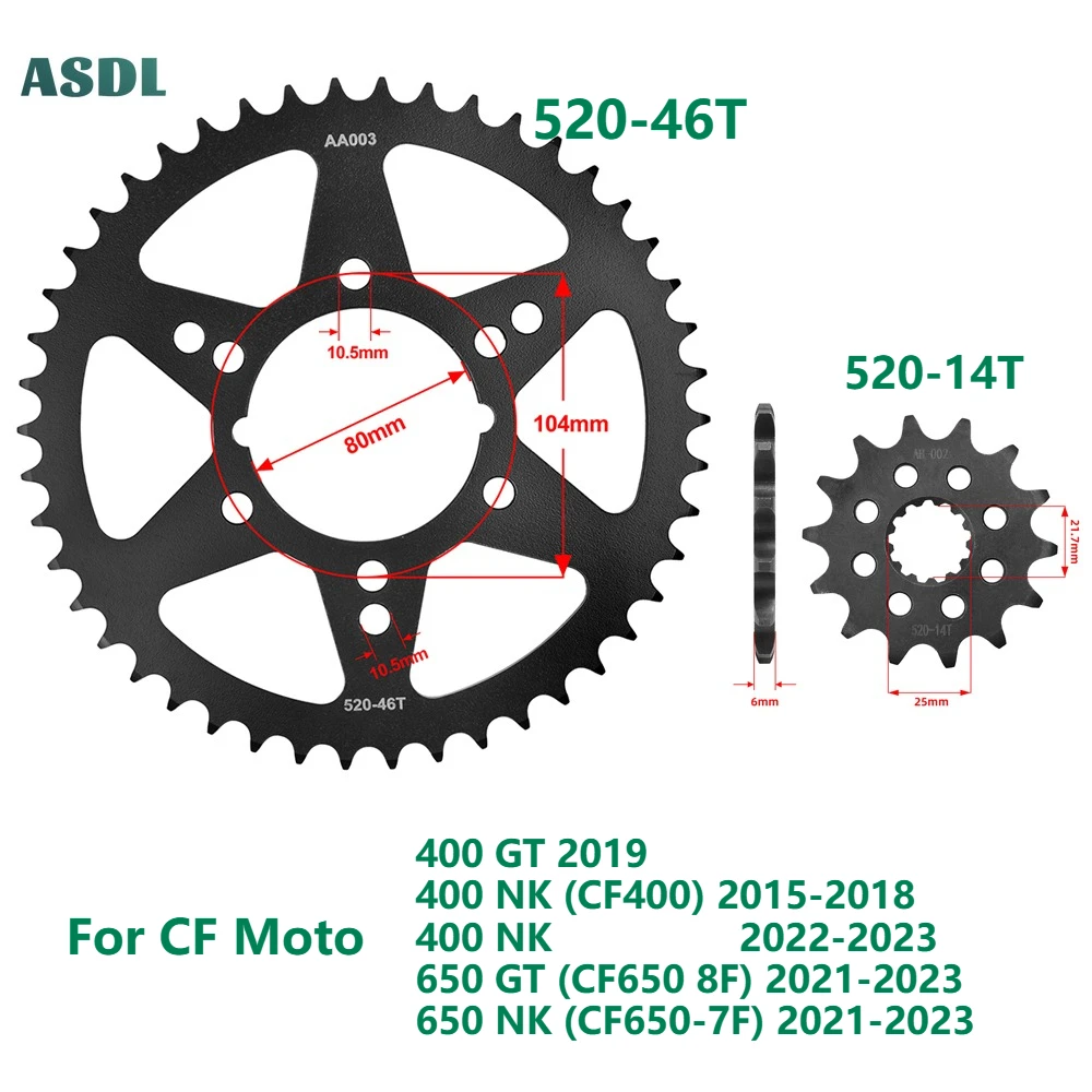 520 14T 46T Motorcycle Front and Rear Sprocket Gear Wheel Cam for CF Moto 400 GT 400 NK CF400 650GT CF650 650NK 650 GT NK