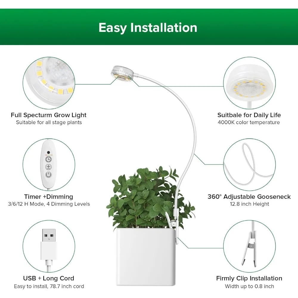 Luces de cultivo para plantas de interior, luz LED para plantas con clip para ollas para cultivo completo, lámpara de cultivo de plantas automática regulable de 4 niveles