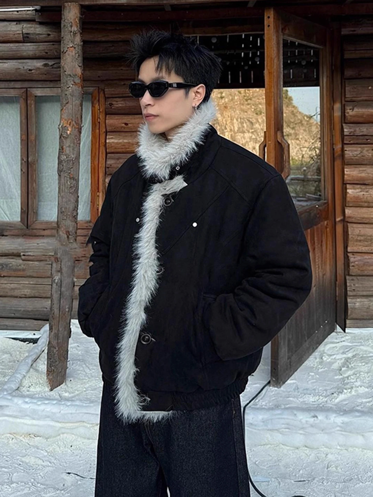 ملابس خارجية شتوية دافئة للرجال من American Sle Thiened من القطن Jaet مع ياقة من الفرو وياقة ثابتة معطف هيب هوب عصري #4