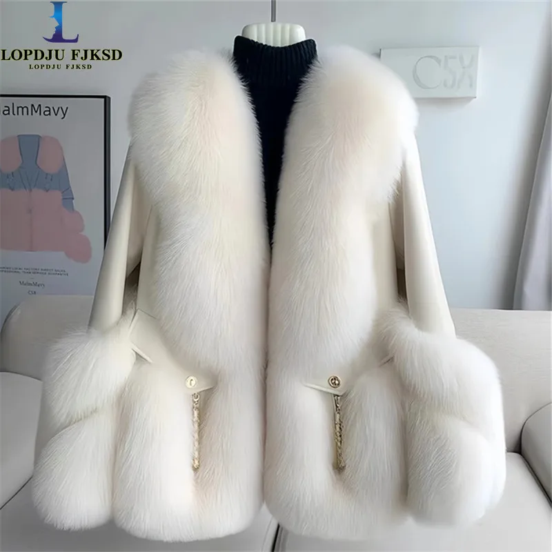 

Faux Fox Fur Coat for Women,Covered Button Jacket,Korean Spliced Outwear, V-Neck,Thick Furry, Casual,Autumn and Winter, 2024