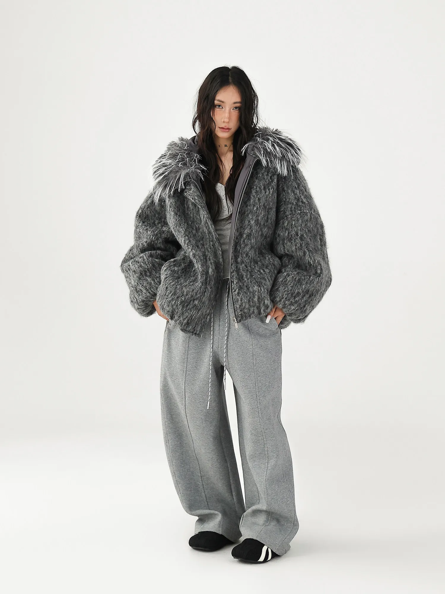 Nerazzur Autumn Winter Warm Thick Grey Oversized Quilted Blends Coat for Women with Faux Fur Trim Hood Loose Casual Woolen Coat