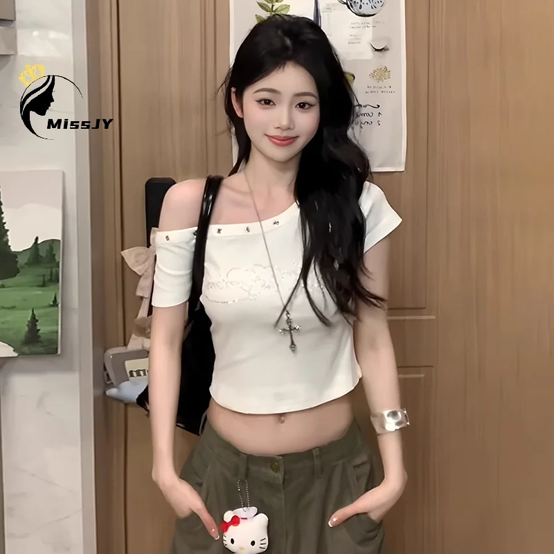 Hot Girl Sexy strass épaules dénudées à manches courtes mince T-shirt été femmes haut court