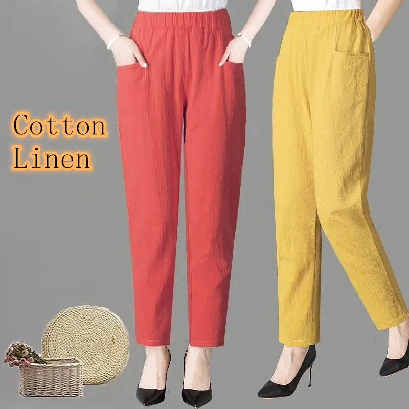 Large Size Korean Casual Thin Cotton Linen Pants Women Spring Summer Elastic Waist Ankle-Length Pants Woman Harem Trousers