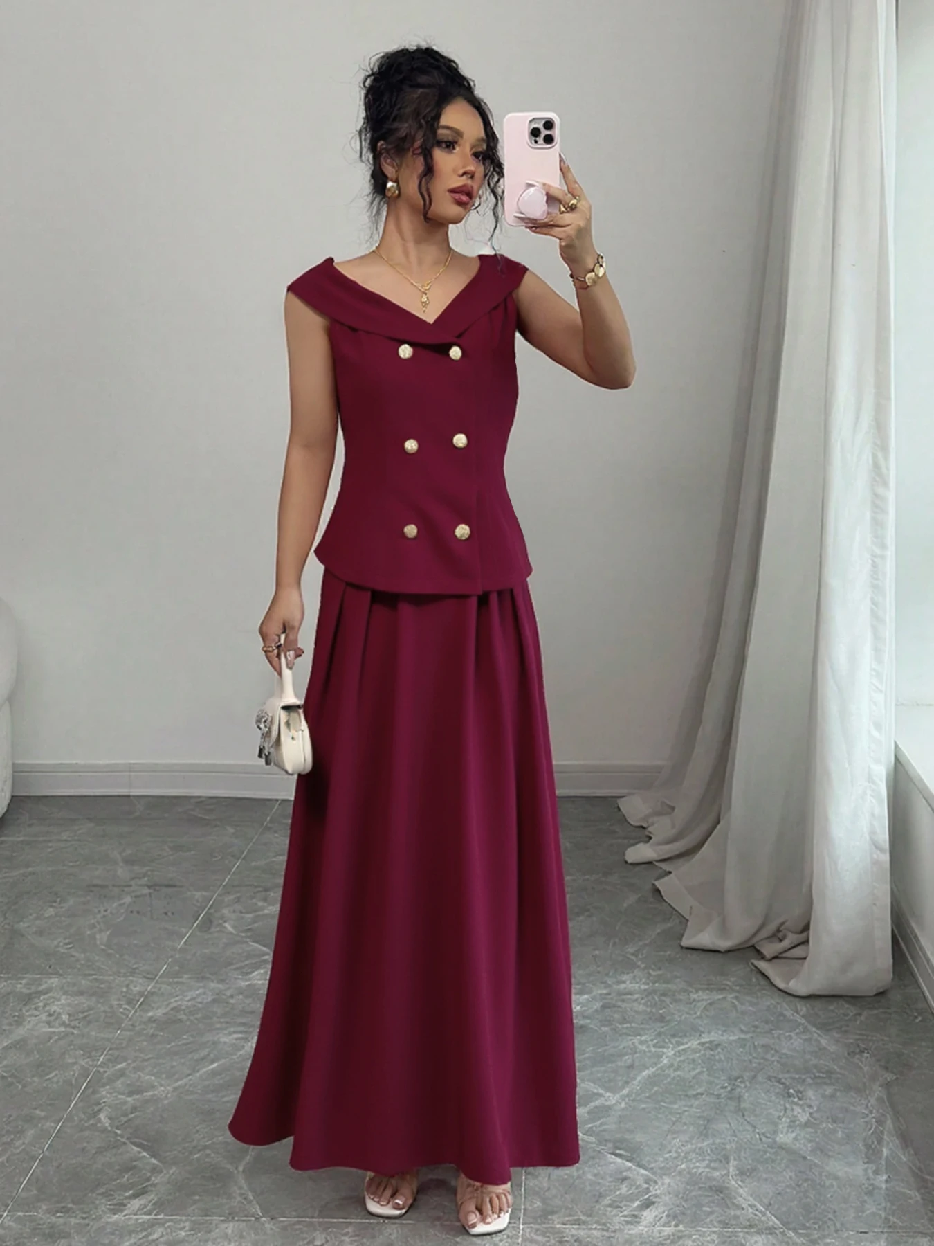 

2pcs Women's Sexy Long Skirts Set Summer New Sleeveless V-Neck Top Half Length Skirt Red Double Breasted Vest Trend Fashion