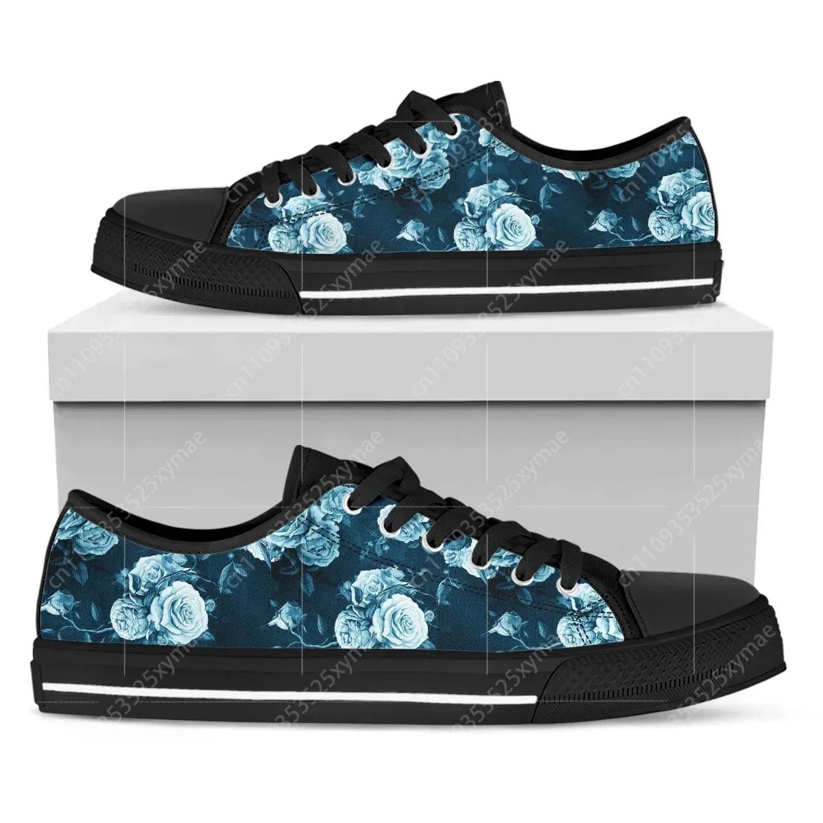 Zapatillas de lona con estampado de flores de rosas azules vintage, zapatillas bajas de alta calidad para hombres, mujeres y adolescentes, zapatos para parejas, zapatos hechos a medida
