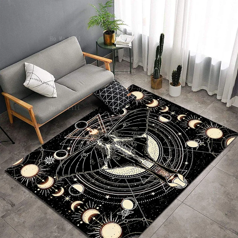 Retro Psychedelic Moth Moon And Stars On A Black Background Non Slip Flannel Floor Rugs By Ho Me Lili