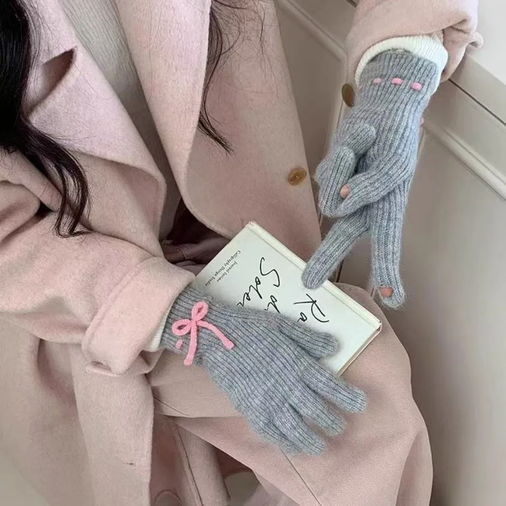 Durable Knitted Texture Wool bow knit gloves Solid Color Windproof Full Finger Mittens Thermal Riding Gloves Casual Wear