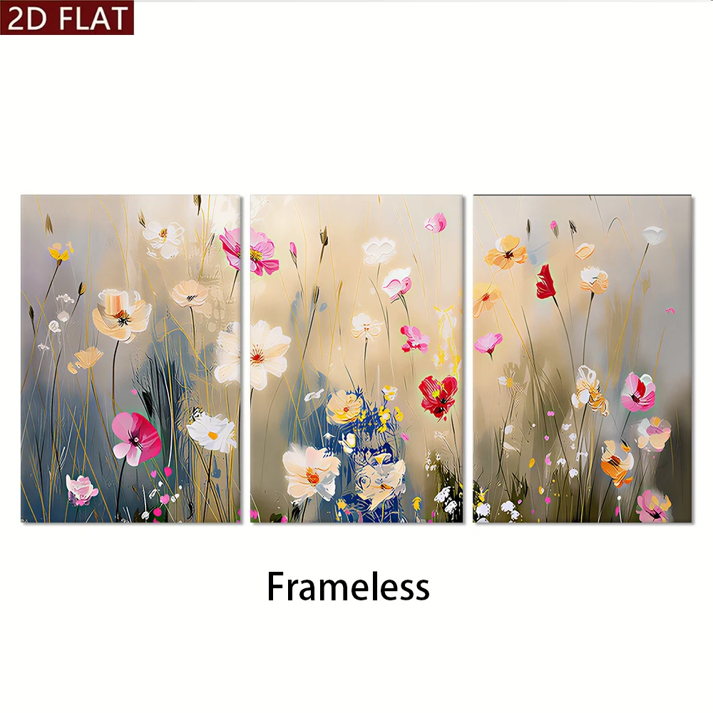 1 set of modern minimalist triple abstract floral art living room sofa background wall frameless decorative painting 2D plan