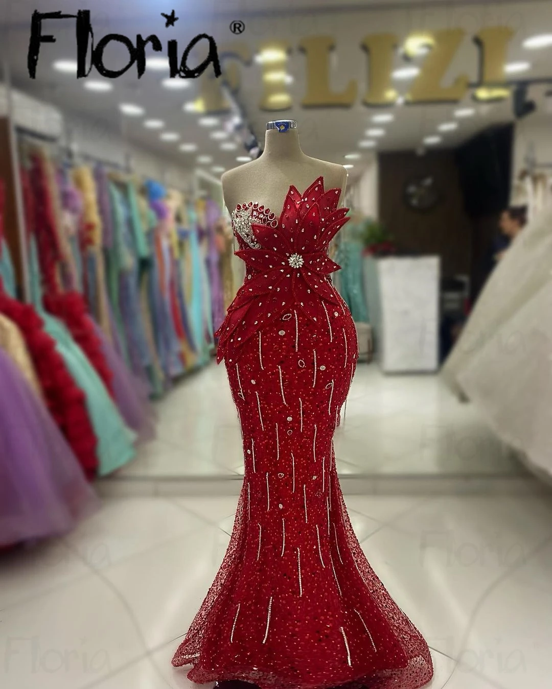 New Arrival Red Sequins 3D Leaf Long Party Dress Women Glitter Beaded Bride Wedding Event Gown Mermaid Prom Dress Customized