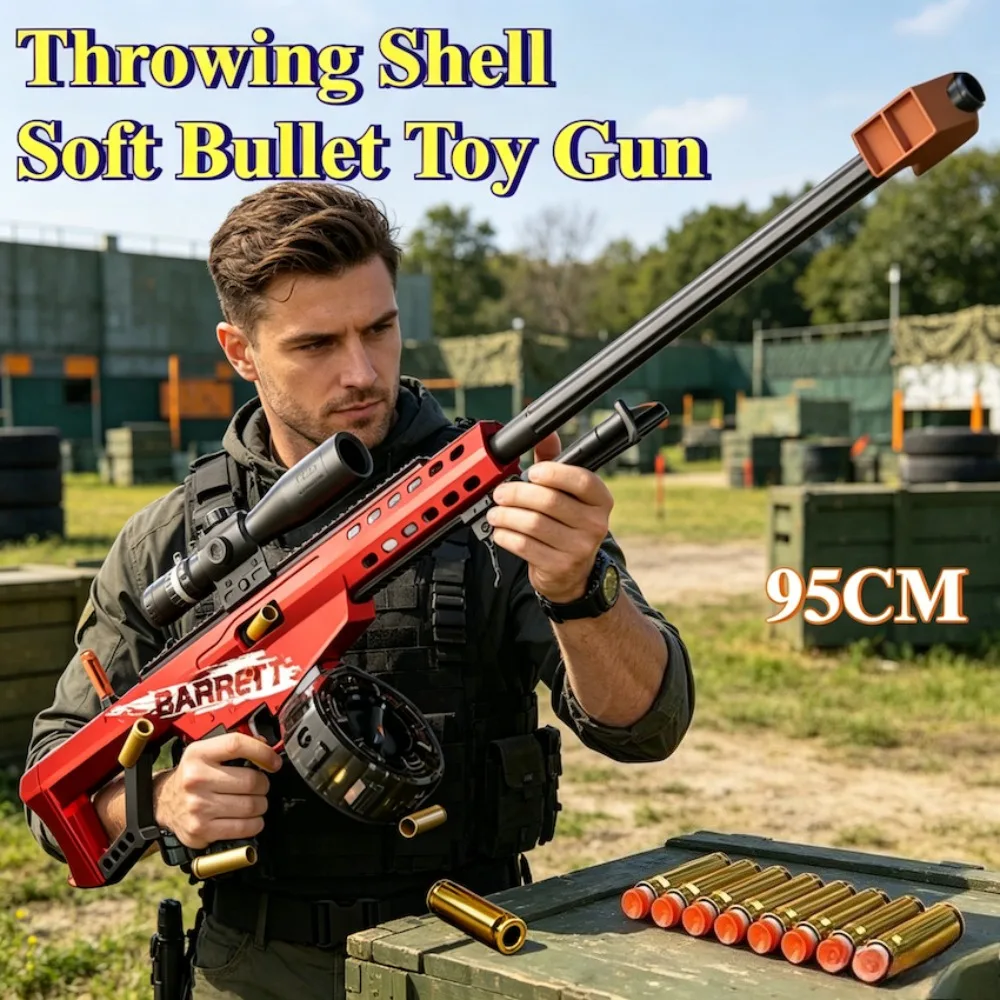 95/120CM Large Barrett Shell Eject Soft Bullet Sniper Rifle Toy with Scope & Drum for Adult Outdoor Backyard Shooting Games