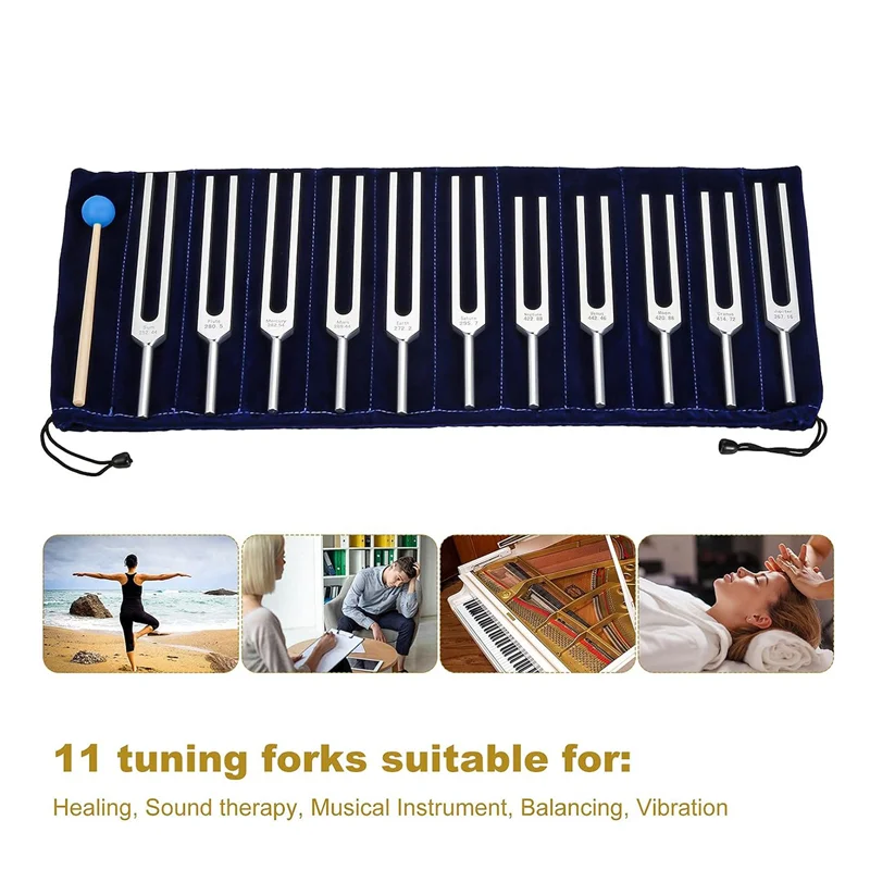 

A69P-Tuning Fork Set, 11 Tuning Forks For Healing, Sound Therapy, With Silicone Hammer Cleaning Cloth And Bag