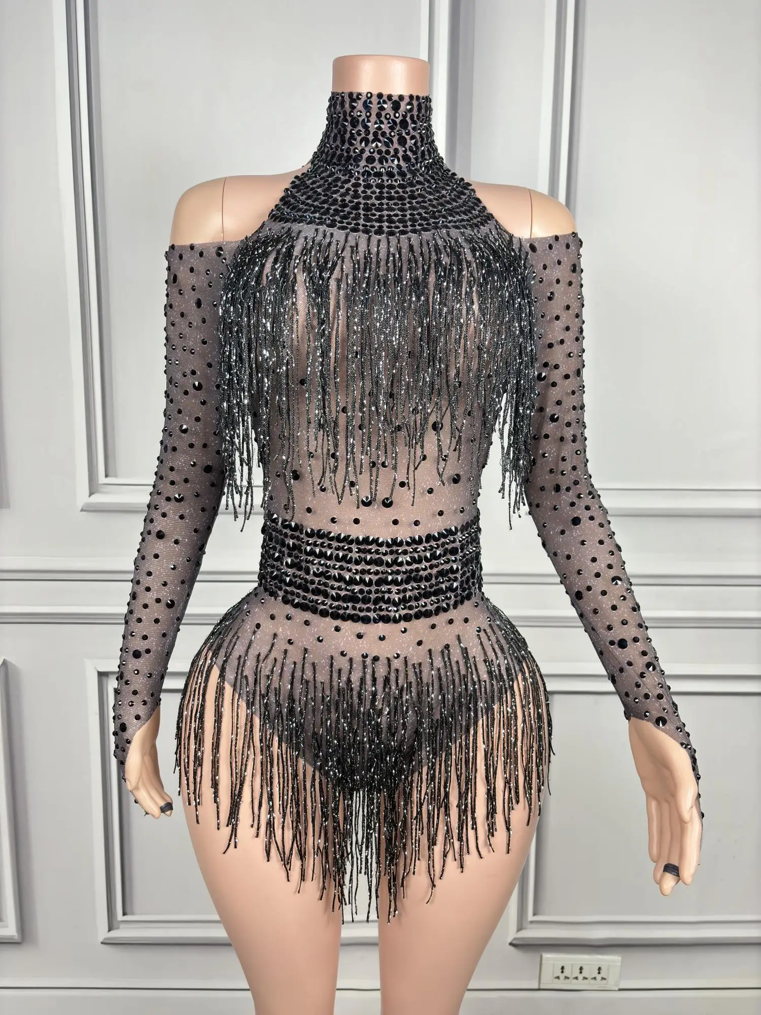 Women's Black Tassel Dance Bodysuit Spandex Skinny Sexy Jumpsuit Club Dance Troupe Singer Bodysuit Party Showgirl Wear Nvtuan