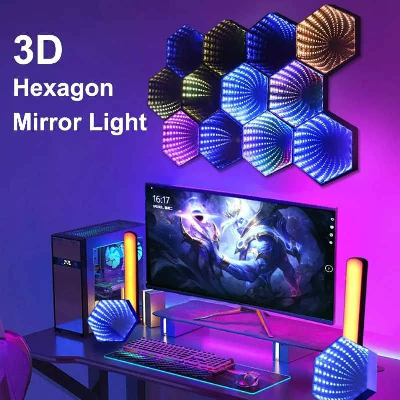 

RGB 3D Hexagonal Ambient Light LED Desktop Ambient Light Computer Game Music Rhythm Synchronization Pickup Light Room Decoration