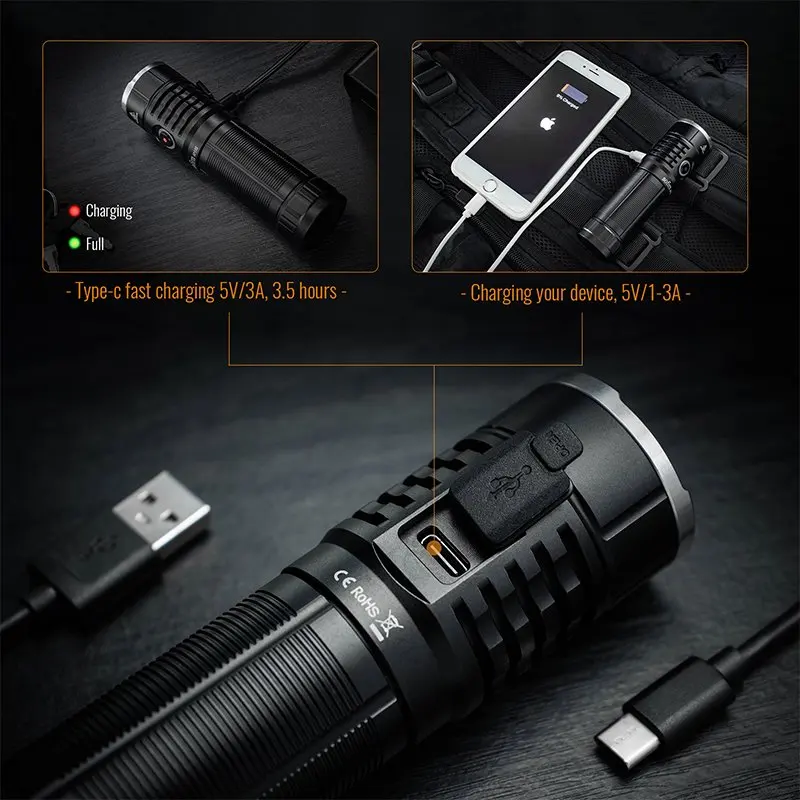 Sofirn SP33S XHP70.2 LED Flashlight 5000lm Powerful 26650 Lantern USB C Rechargeable TorchLight for Hunting/Fishing/Outdoor