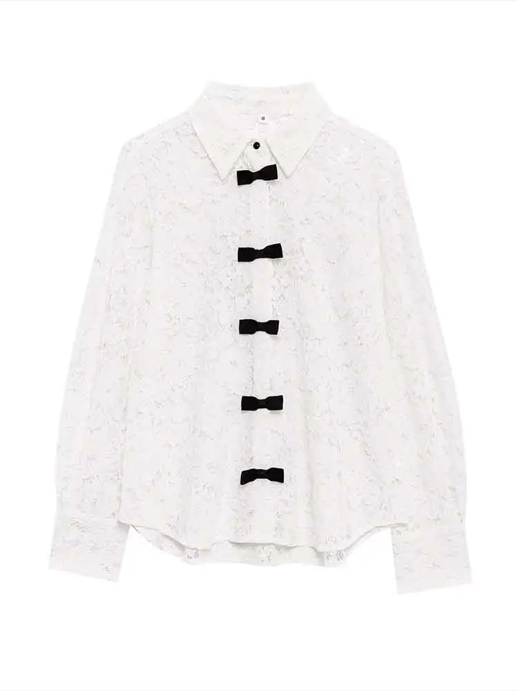 

European style new women's fashion versatile temperament simple French bow lace long-sleeved lapel shirt