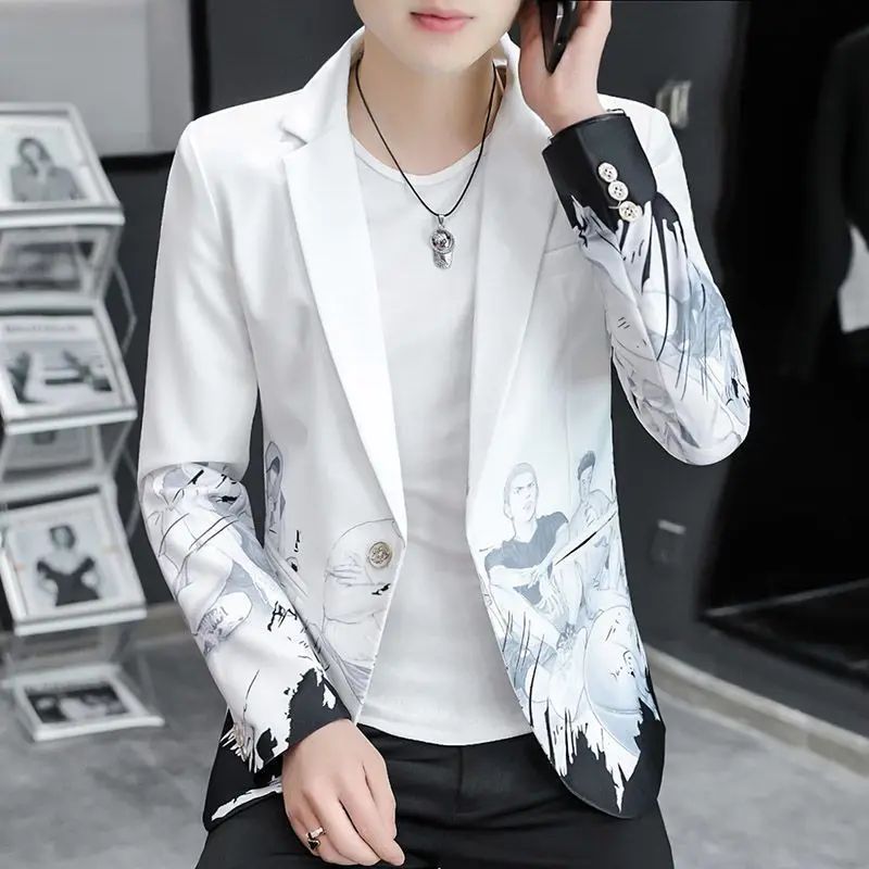 Yellow Coats Slim Fit Stamp Man Suits and Blazers Thin Printed Fashion 2024 Korean Style Clothes Jacket for Men Casual Original