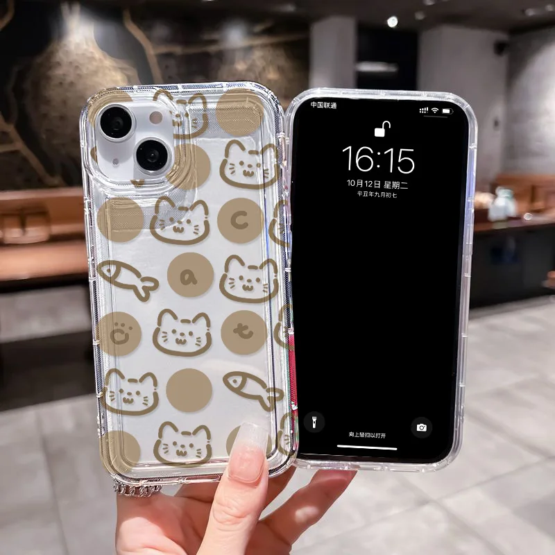 Cartoon Cute Cat Fish Transparent Phone Case For iPhone 13 Case iPhone 15 11 12 16 14 Pro Max X XS XR 7 8 Plus SE 2 Soft Cover