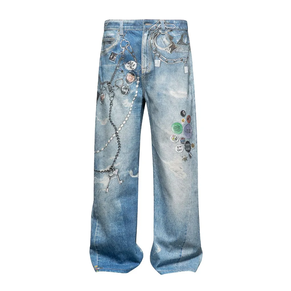 3D Digital Print Chain Denim Jeans American Retro Washed Loose Straight Leg Long Trousers Youth Fashion Basic Style Cotton Blend