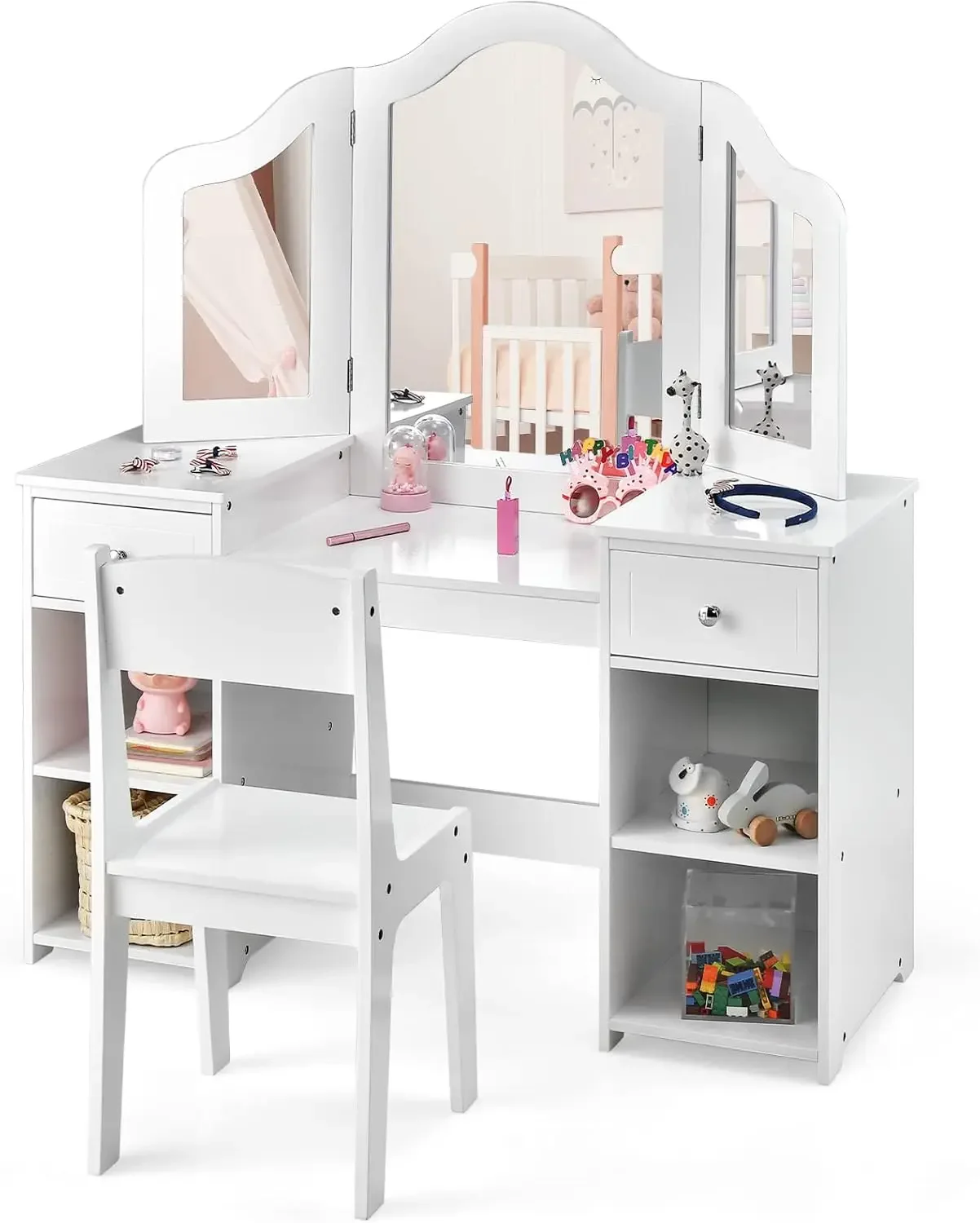 Ensemble bureau et chaise de maquillage princesse 2 en 1, vanité pour enfants, poignées de douche de proximité, miroir amovible, grandes étagères de rangement