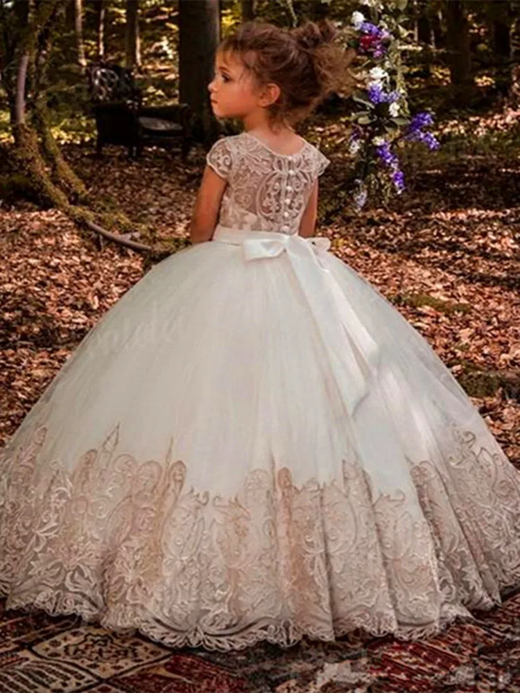 

Vintage Flower Girl Dresses Lace Appliques Girls Formal Party Birthday Pageant Gown Beaded Ribbon Sash Toddlers Vestidos De Robe