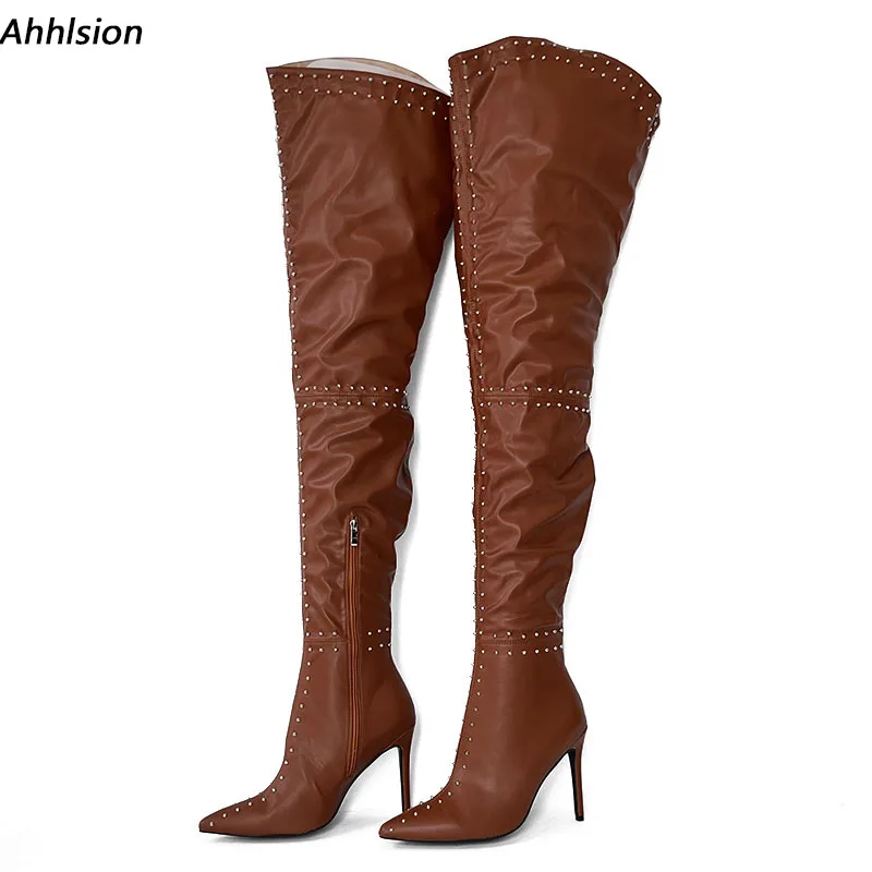 

Ahhlsion Handmade Women Winter High Boots Studded Stiletto Heels Pointed Toe Brown Party Shoes Ladies US Size 5-15