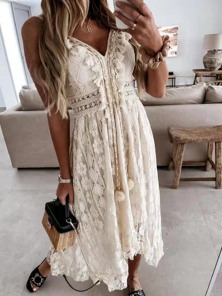 Verão renda sexy vestido feminino com decote em v férias praia vestidos elegante boho vestido de verão
