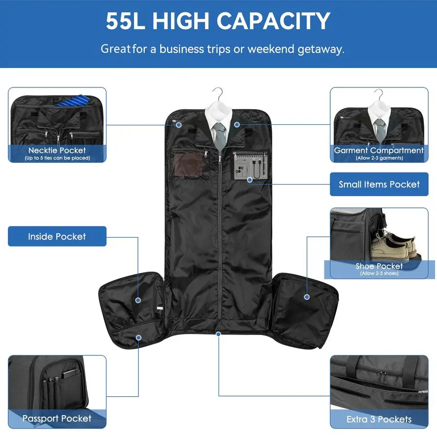 ホイール付きガーメントバッグ、靴収納付きローリングトラベルガーメントダッフルバッグ、男性用コンバーチブル3 in 1スーツドレスバッグ