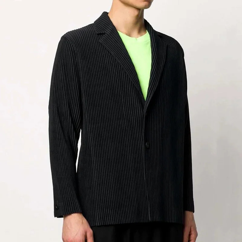 Miyake Pleated Men 2024 New Office Black Blazer Luxury High Fashion Suits Partially Lined Autumn Winter Coat