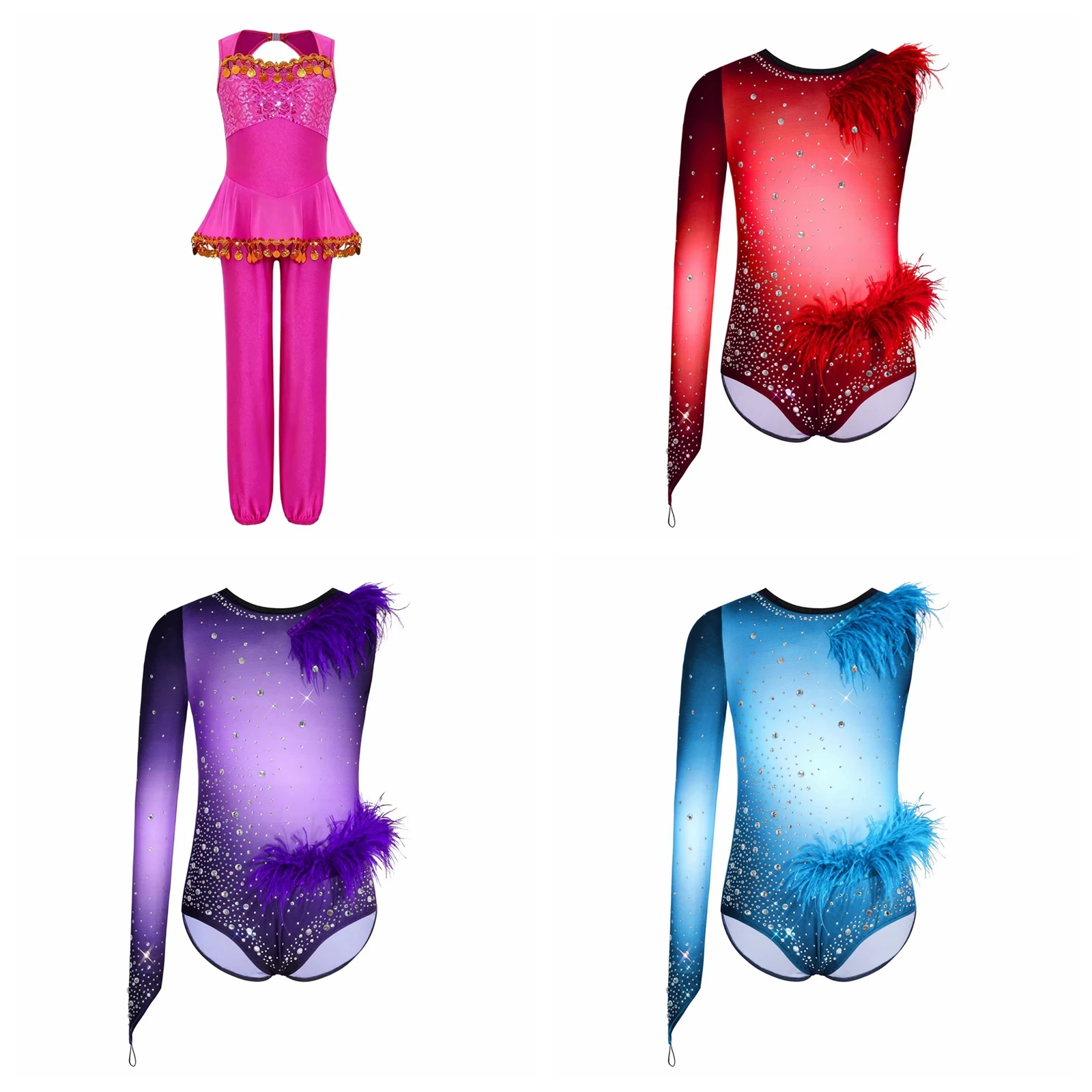 Kids Girls Rhythmic Gymnastics Leotard Gradient Color Figure Skating Bodysuit Children Feather Trim Shiny Rhinestone Dancewear