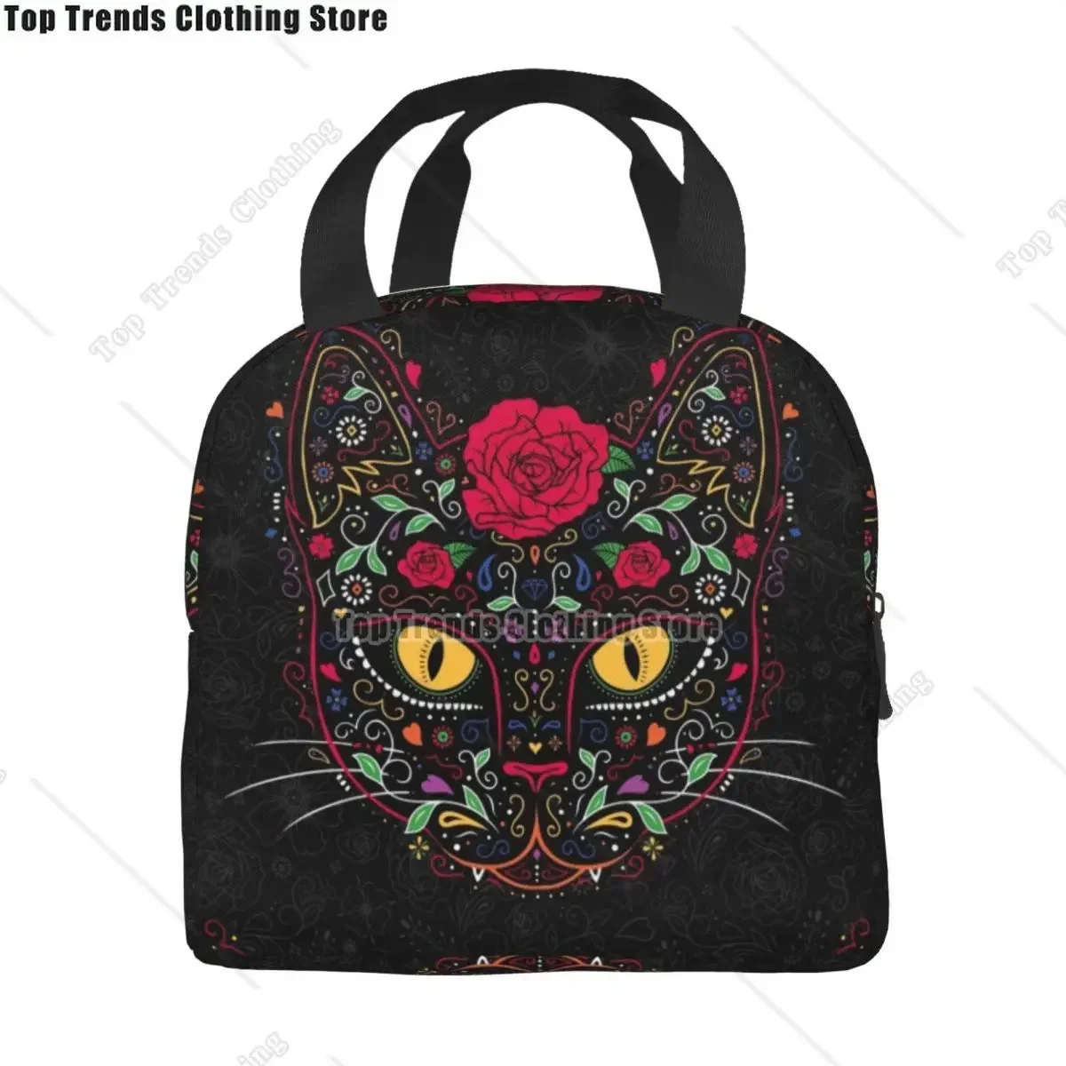 Day Of The Dead Kitten Cat Sugar Skull Insulated Lunch Bags Mexican Halloween Portable Thermal Cooler Food Lunch Box