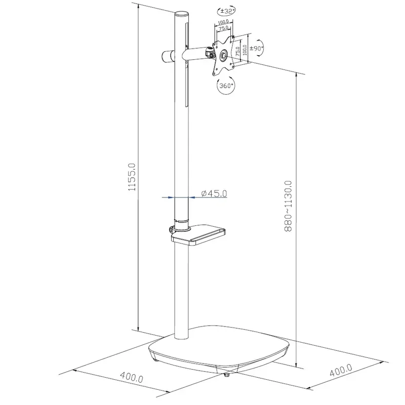 Adjustable Height Mobile TV Stand Floor to Ceiling Monitor Bracket with Wheels Tiltable Rolling Display Mount for Home Office