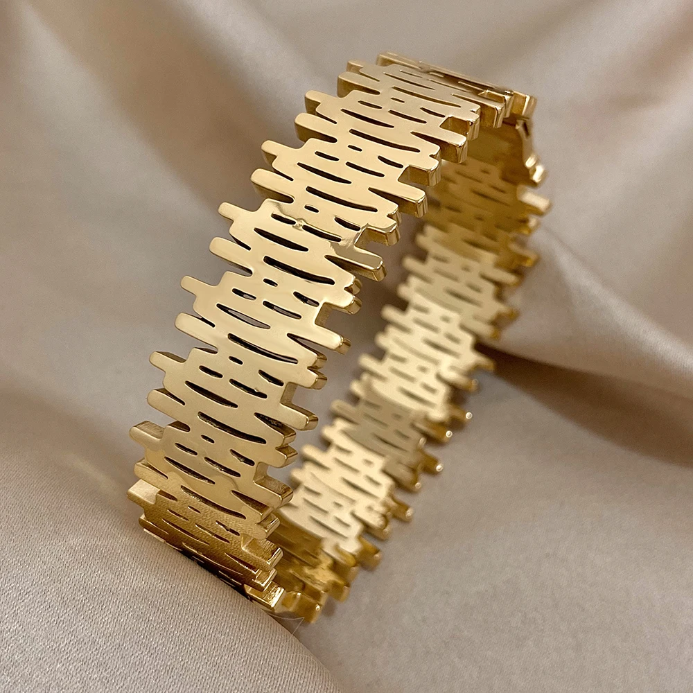 Irregular Hollow Geometric Stainless Steel Cuff Bangle Bracelets for Women Vintage Gold Silver Color Bracelet Waterproof Jewelry