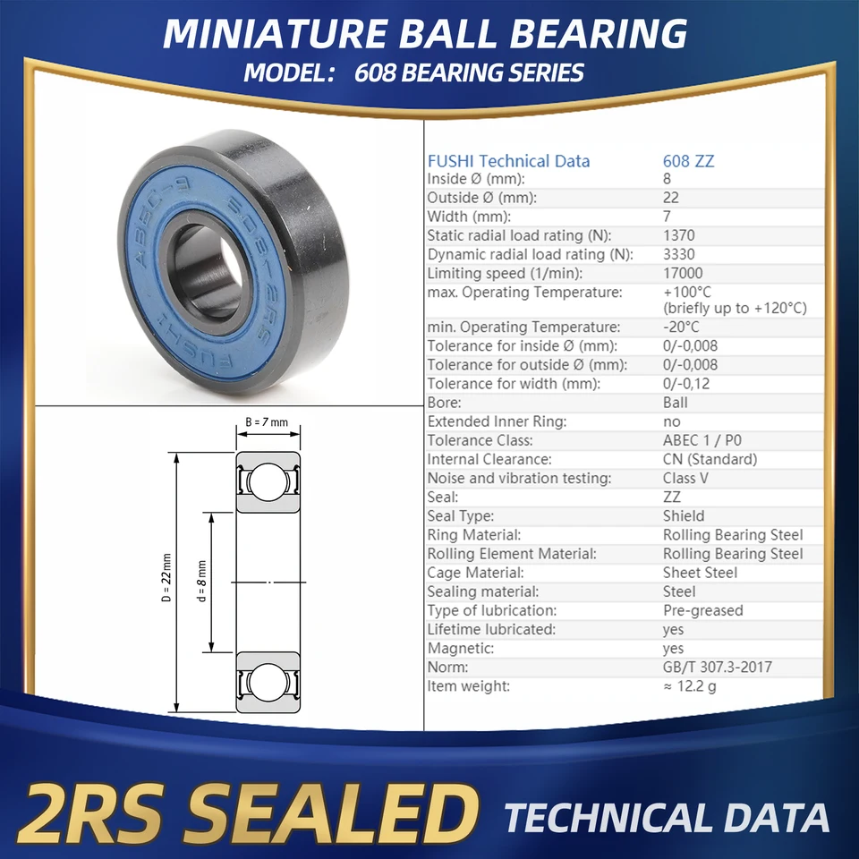 FUSHI 608 ZZ Bearing 8x22x7 mm 10Pcs 608ZZ RS 2RS Flange Handpiece