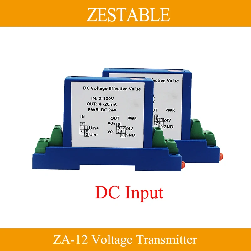 

ZA-K12 DC Voltage Transmitter 5V/10V/50V/100V/200V/500V/1000V Transducer 4-20mA 5V 10V Output DC24V Power Supply Voltage Sensor