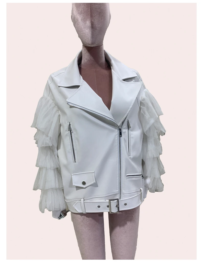Lautaro Autumn Short Black Oversized Lace Patchwork Leather Biker Jacket Long Sleeve Loose Womans Clothing Fashionable Outerwear